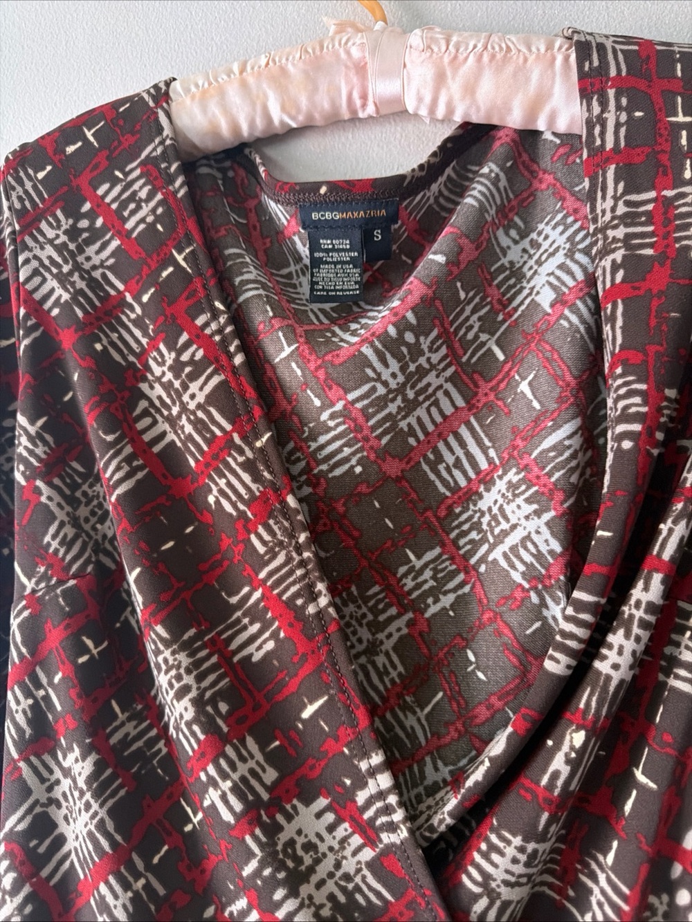 BCBGMaxAzria Red, Brown and Cream Long Sleeve Wrap Dress - Picture 2 of 4